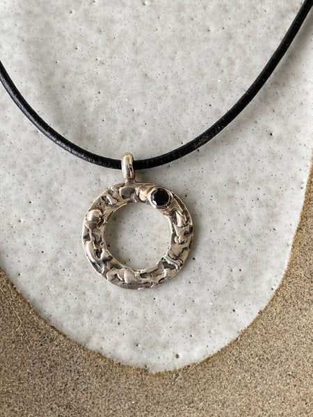 Circle pendant with black gemstone silver necklace, handmade circle necklace