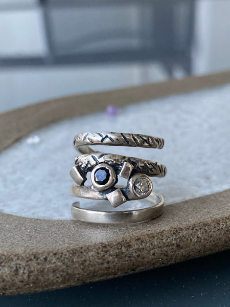 spiral silver ring with stones, silver adjustable ring, modern ring