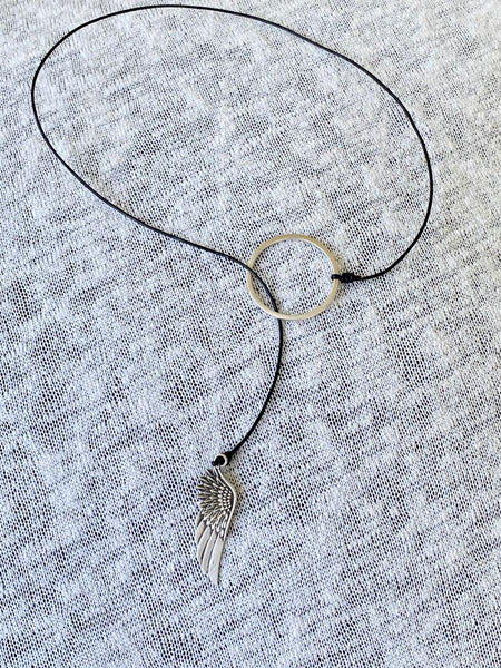 Lariat necklace silver circle and angel wing necklace 