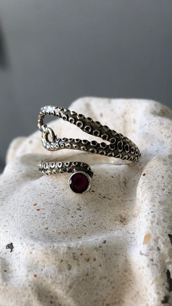 octopus silver ring, red garnet ring, tentacle ring, silver adjustable ring 