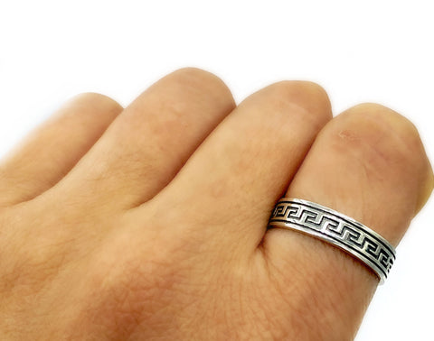 Greek key ring, meander, meandros, sterling silver ring wedding band 