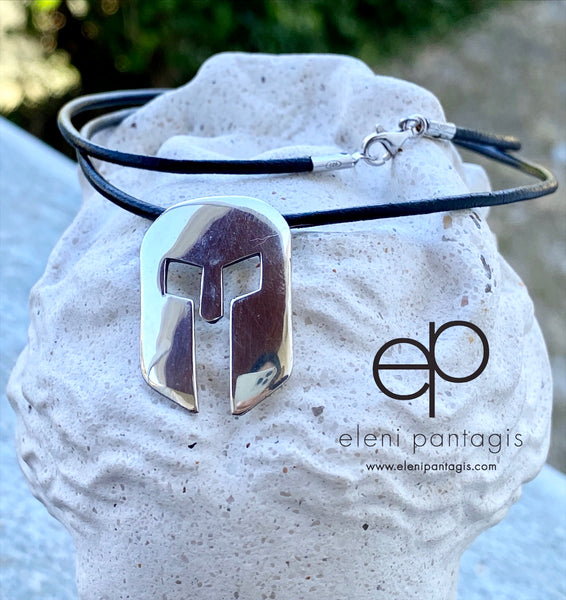 Spartan necklace silver with leather cord, silver spartan helmet necklace