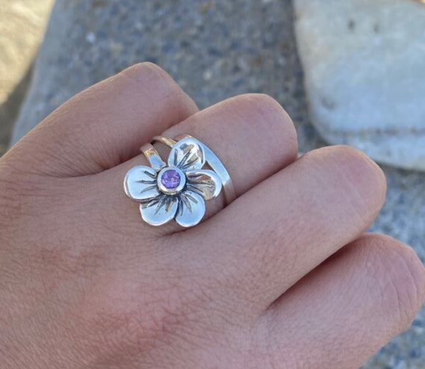 poppy flower ring, amethyst silver ring, silver ring adjustable