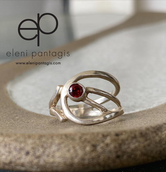 red garnet silver ring, red stone ring, modern silver ring 