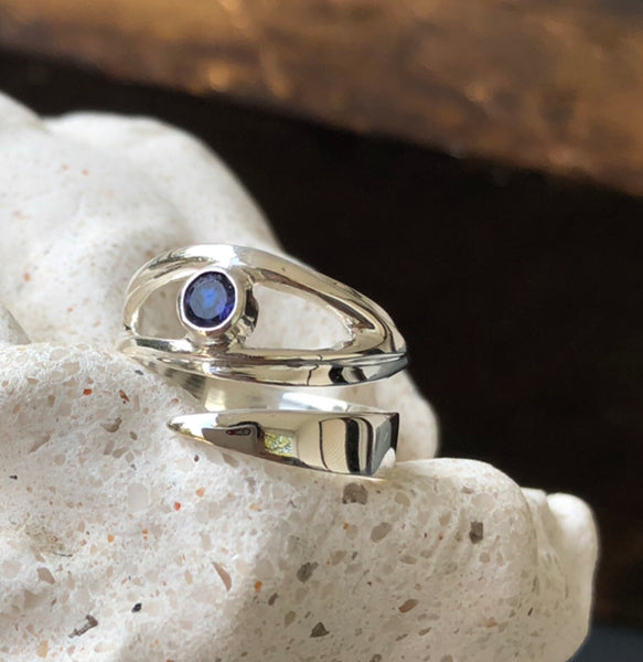 eye ring, blue iolite silver ring silver eye ring with blue stone ring 