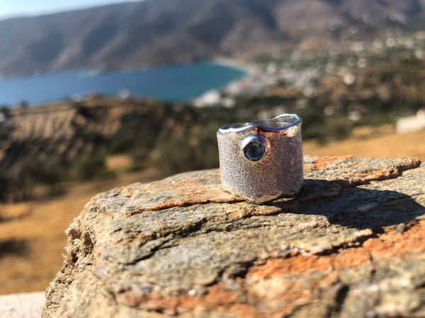 wide silver ring with blue gemstone, blue topaz ring 