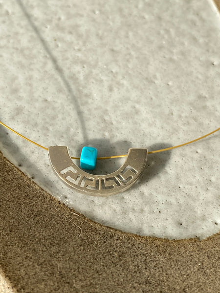 Greek key necklace with turquoise on a stainless steel wire