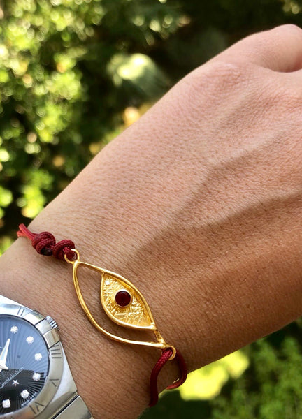 Evil eye bracelet red gold, garnet evil eye bracelet with red nylon cord 