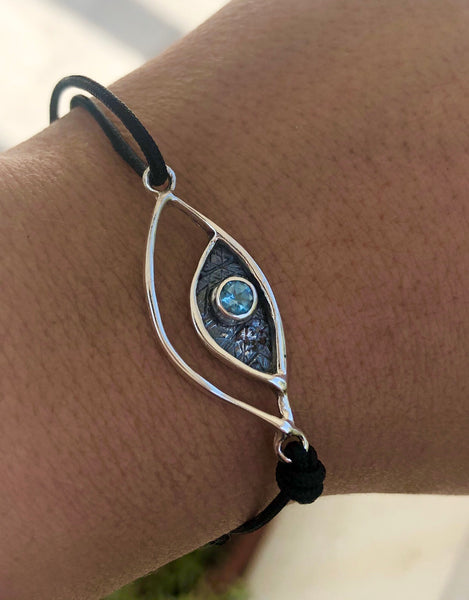 Evil eye bracelet, evil eye jewelry with blue topaz stone, evil eye bracelet 