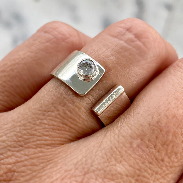 Silver ring adjustable, open ring with gemstone, silver zircon ring