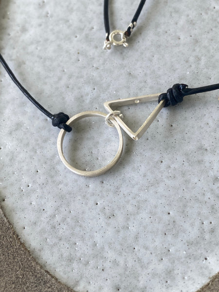 Silver Circle and Triangle necklace black leather