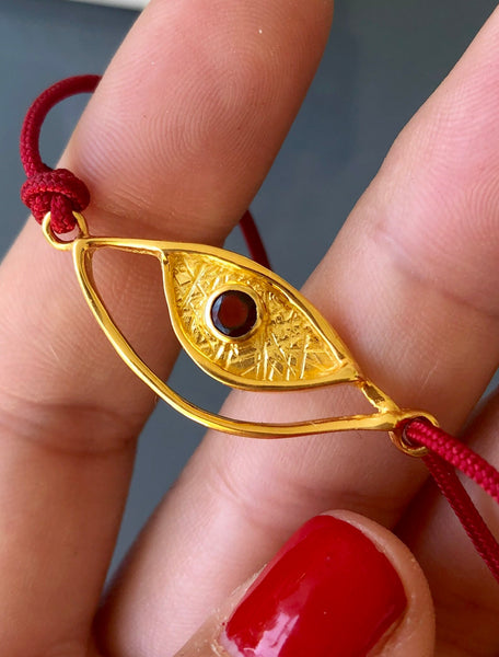 Evil eye bracelet red gold, garnet evil eye bracelet with red nylon cord 