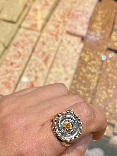 Sun ring, swirl ring, large silver sun ring citrine ring 