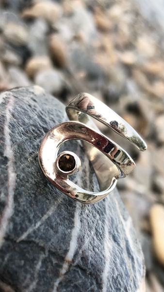 Smoky quartz silver adjustable ring, drop shape silver ring, modern ring 