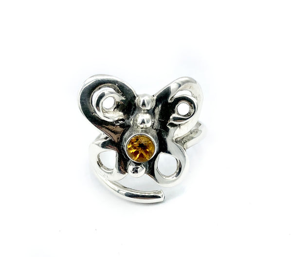 butterfly ring, silver butterfly ring silver adjustable ring, citrine ring 