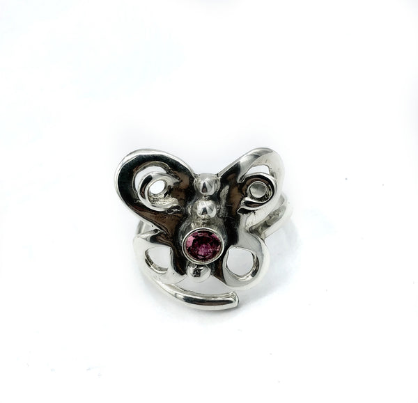 butterfly ring, silver butterfly ring silver adjustable ring, pink tourmaline ring 