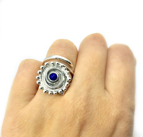 Sun ring, swirl ring, large silver sun ring blue lapis ring 