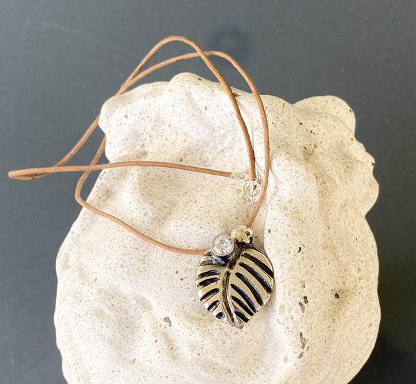 silver leaf necklace with gemstone 