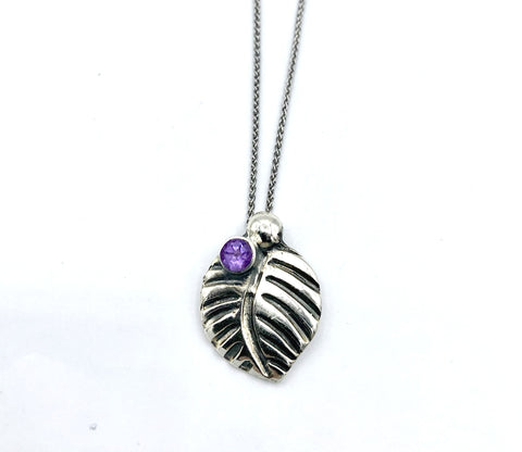 leaf pendant, amethyst gemstone silver pendant with silver chain 