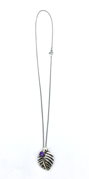leaf pendant, amethyst gemstone silver pendant with silver chain 