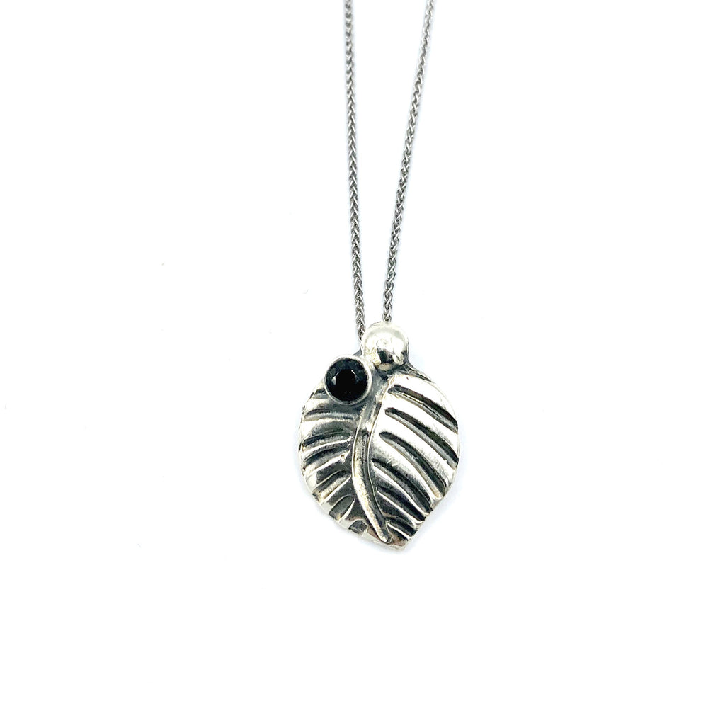 leaf pendant, black spinel gemstone silver pendant with silver chain 