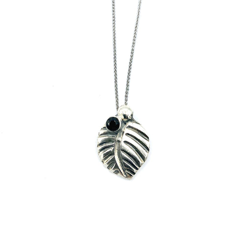 leaf pendant, black spinel gemstone silver pendant with silver chain 