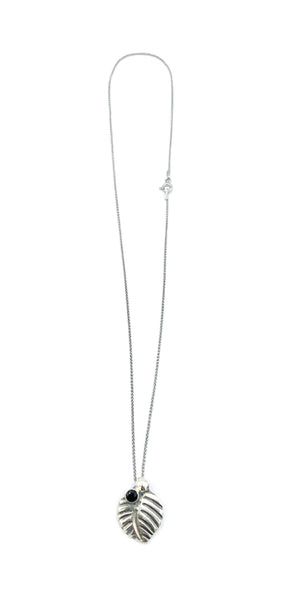 leaf pendant, black spinel gemstone silver pendant with silver chain 