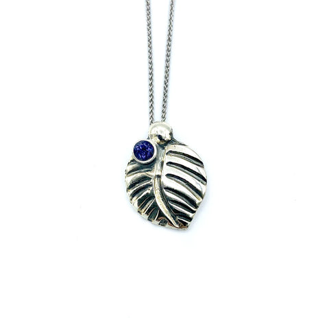 leaf pendant, blue iolite gemstone silver pendant with silver chain 