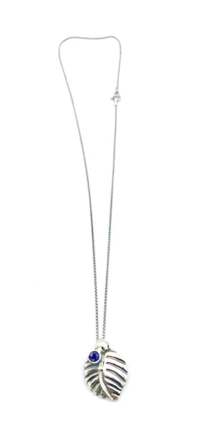 leaf pendant, blue iolite gemstone silver pendant with silver chain 