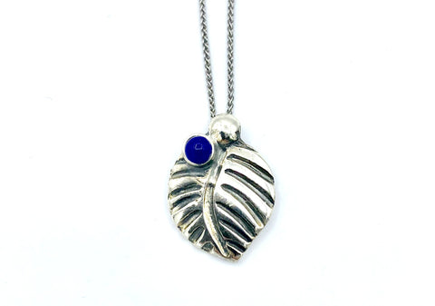 leaf pendant, blue lapis gemstone silver pendant with silver chain 