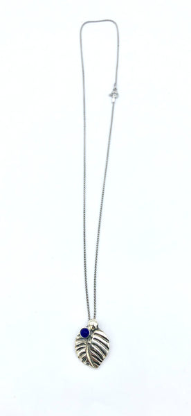 leaf pendant, blue lapis gemstone silver pendant with silver chain 