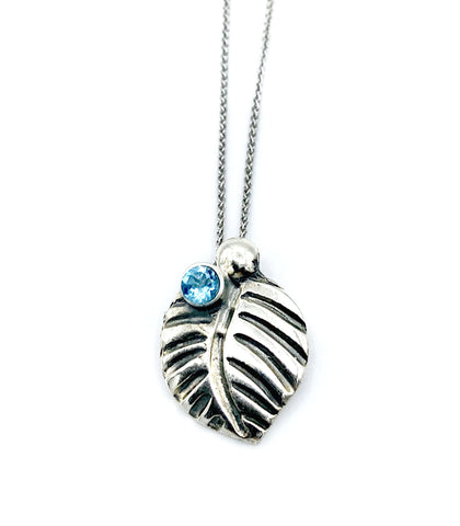 leaf pendant, blue topaz gemstone silver pendant with silver chain 