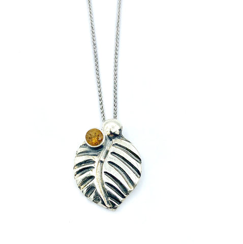 leaf pendant, citrine gemstone silver pendant with silver chain 