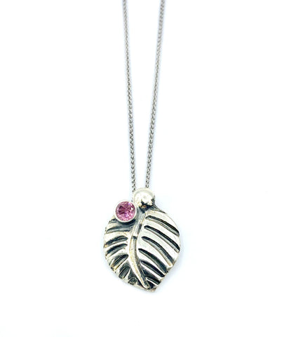 leaf pendant, pink tourmaline gemstone silver pendant with silver chain 