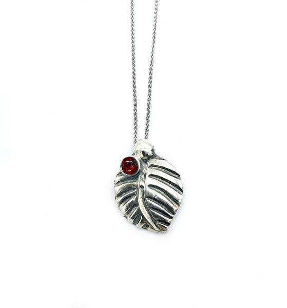 leaf pendant, red garnet gemstone silver pendant with silver chain 