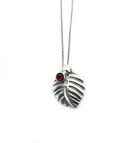 leaf pendant, red garnet gemstone silver pendant with silver chain 