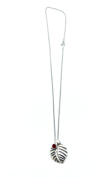 leaf pendant, red garnet gemstone silver pendant with silver chain 