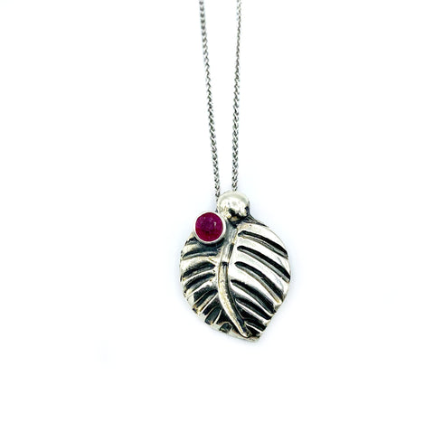 leaf pendant, ruby gemstone silver pendant with silver chain 