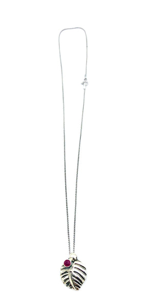 leaf pendant, ruby gemstone silver pendant with silver chain 