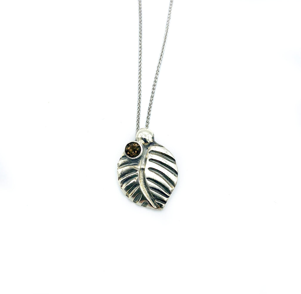 leaf pendant, smoky quartz gemstone silver pendant with silver chain 
