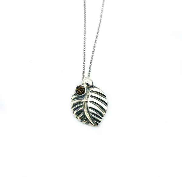 leaf pendant, smoky quartz gemstone silver pendant with silver chain 