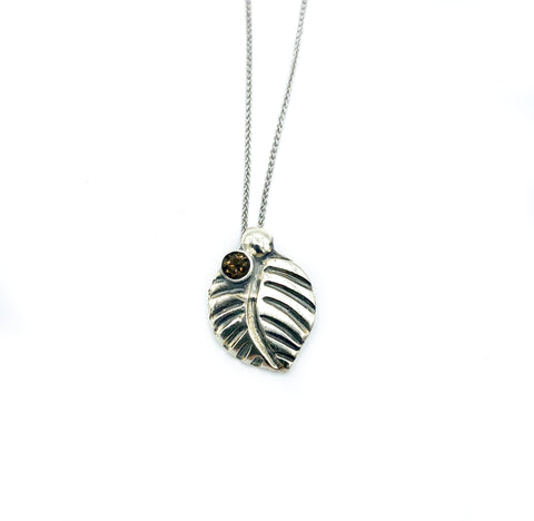 leaf pendant, smoky quartz gemstone silver pendant with silver chain 