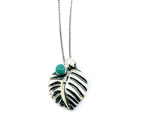 leaf pendant, turquoise gemstone silver pendant with silver chain 