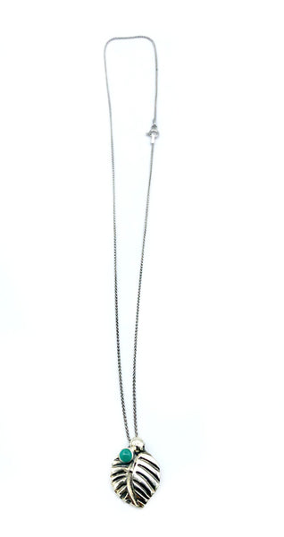 leaf pendant, turquoise gemstone silver pendant with silver chain 