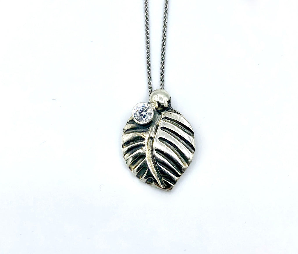 leaf pendant, zircon gemstone silver pendant with silver chain 