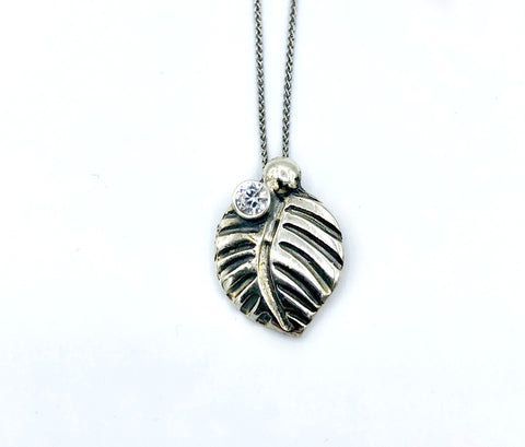 leaf pendant, zircon gemstone silver pendant with silver chain 