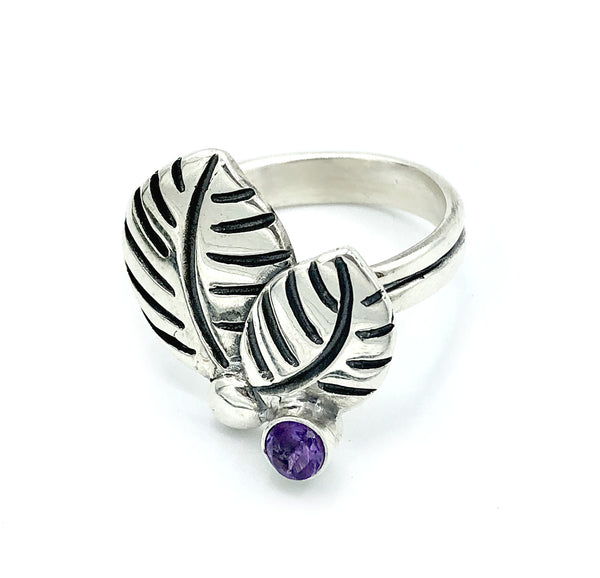 leaves ring, amethyst silver ring, amethyst adjustable silver ring 