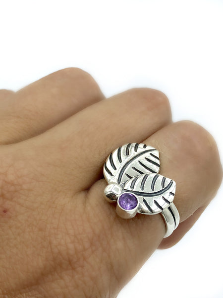 leaves ring, amethyst silver ring, amethyst adjustable silver ring 