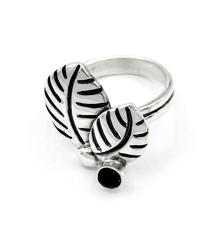 leaves ring, black spinel silver ring, black stone adjustable silver ring 