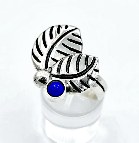 leaves ring, blue lapis silver ring, blue lapis adjustable silver ring 